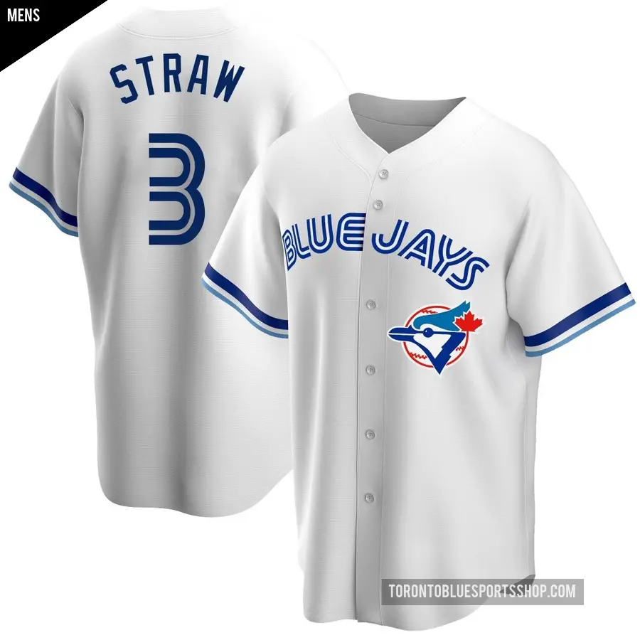 Men's Toronto Blue Jays ＃3 Myles Straw Replica White Home Cooperstown Collection Jersey