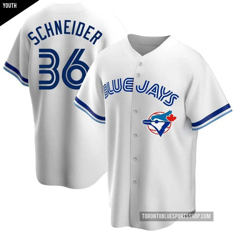 Youth Toronto Blue Jays ＃36 Davis Schneider Replica White Home Cooperstown Collection Jersey