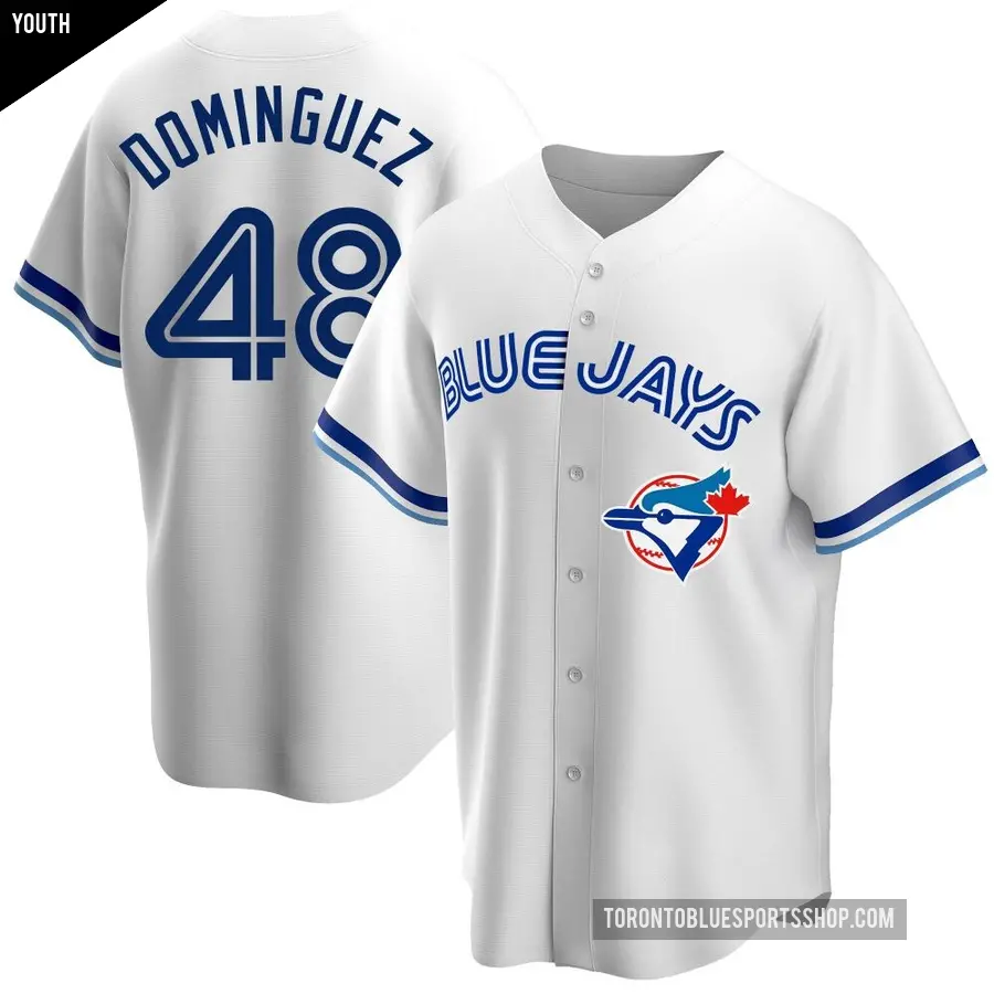 Youth Toronto Blue Jays ＃48 Seranthony Dominguez Replica White Home Cooperstown Collection Jersey